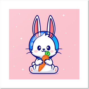 Cute Rabbit Astronaut Holding Carrot Cartoon Posters and Art